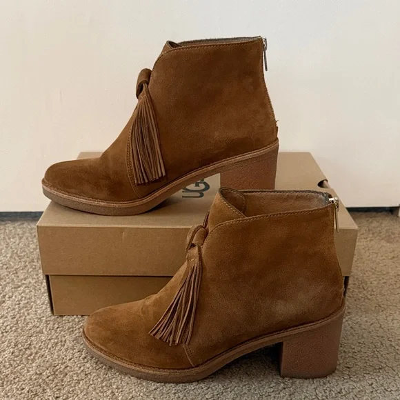 UGG W Corin- Tan Suede Fringe Ankle Boots - Picture 4 of 10